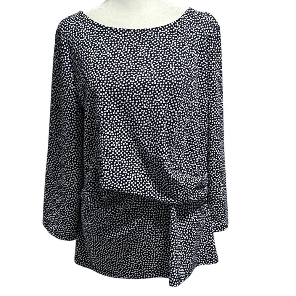 Talbots Size XL Blouse Top Gathered Front Polka Dot Navy Blue White